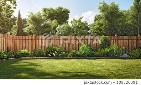 green grass lawn, flowers and wooden fence in summer backyard garden 109326391