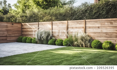 wooden fence in backard with green lawn and plants, minimalist garden design 109326395