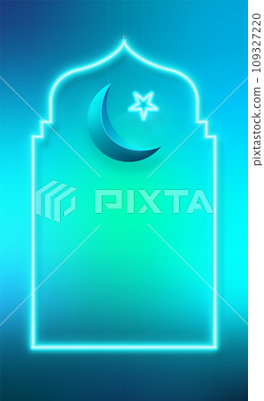 Ramadan Kareem neon frame and hanging crescent with star. Ramadan Kareem neon frame and hanging crescent with star. 109327220