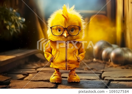 3D drawing of a serious yellow chicken in farm clothes and shoes, looking at the camera, postcard or poster for advertising a farm 3D drawing of a serious yellow chicken in farm clothes and shoes, looking at the camera, postcard or poster for advertising a farm 109327584