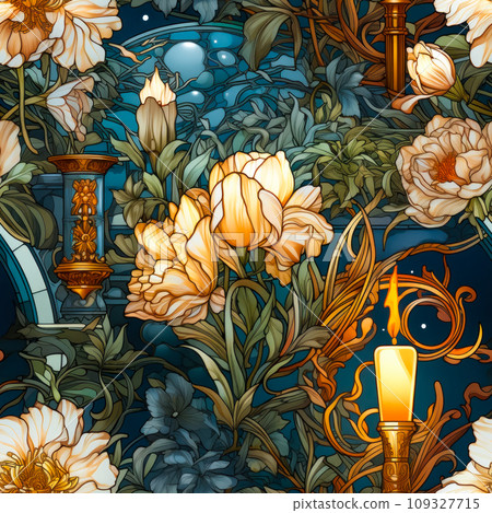 Organic design for background or packaging in art nouveau style, endless pattern with burning Candlemas candles and flowers, illustration with complex bright and rich floral elements 109327715