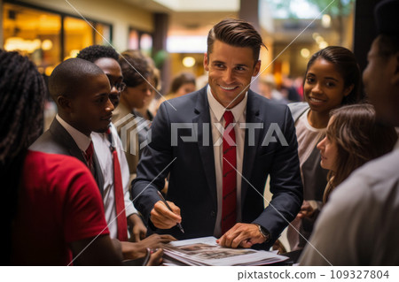 Political campaign, a candidate stands surrounded by his constituents in a hotel lobby, dressed in a suit and tie, signing posters after a rally for his constituents 109327804