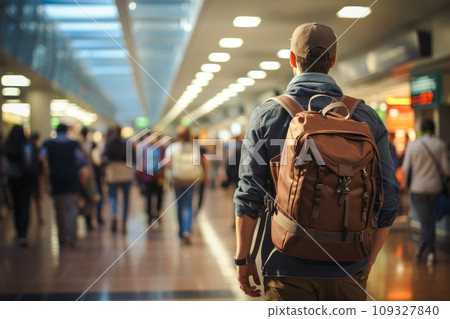 A guy with backpacks on his back walks through the airport terminal to board a plane, vacation time, copy space for concept 109327840