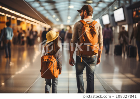 Father and daughter with backpacks on their backs walk through the airport terminal to board the plane, time for summer vacation and parents traveling with their children on vacation 109327841
