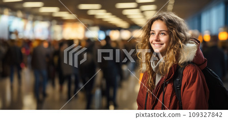 A young girl in a jacket and with a backpack stands in line at the airport and waits to check in for a flight. Airport terminal, check-in for a flight. A young girl in a jacket and with a backpack stands in line at the airport and waits to check in for a flight. Airport terminal, check-in for a flight. 109327842