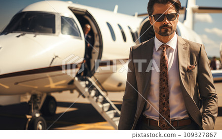 A businessman against the background of a business jet arriving at a business meeting, the concept of financial success and international business A businessman against the background of a business jet arriving at a business meeting, the concept of financial success and international business 109327867