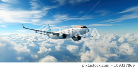 Banner with flying airliner in summer sky with cumulus clouds, idea for banner or poster about airplanes with copy space for travel agency concept 109327869