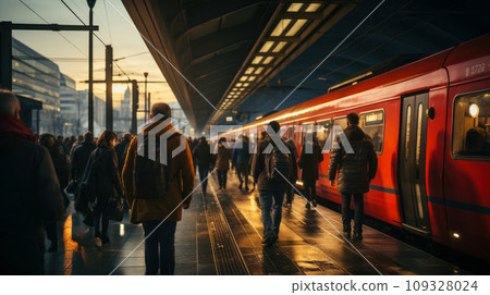Perspective shot from the platform, passengers walking along the platform after arriving on a commuter high-speed train, concept of convenient urban transport Perspective shot from the platform, passengers walking along the platform after arriving on a commuter high-speed train, concept of convenient urban transport 109328024