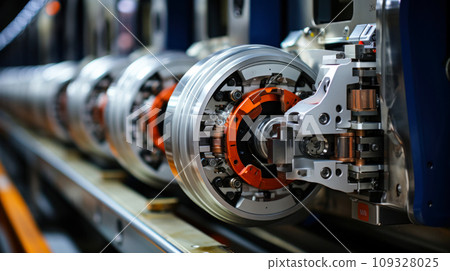 Calibration and adjustment of the complex mechanism of wheels, motors and brakes of an electric locomotive, modern high-tech production, close-up of parts on the assembly line 109328025