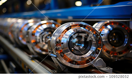 Factory production line, precision engineering parts of a modern locomotive, close-up of complex wheel and brake mechanism parts, modern production Factory production line, precision engineering parts of a modern locomotive, close-up of complex wheel and brake mechanism parts, modern production 109328032