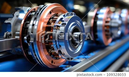Precision engineering details of electric motors and wheels of a modern locomotive, close-up of details of the mechanism of complex wheels and brakes Precision engineering details of electric motors and wheels of a modern locomotive, close-up of details of the mechanism of complex wheels and brakes 109328033