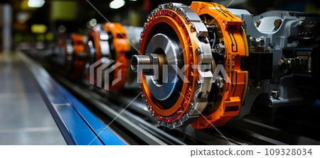 Precision engineering, close-up of the complex wheels and brakes and other parts of the train's wheels and machinery, demonstrating the precision and engineering of high-speed rail Precision engineering, close-up of the complex wheels and brakes and other parts of the train's wheels and machinery, demonstrating the precision and engineering of high-speed rail 109328034