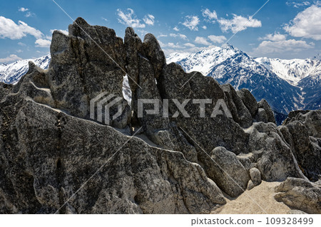 Megane Rock of Mt. Tsubaku in the Northern Alps and Mt. Yarigatake with remaining snow Megane Rock of Mt. Tsubaku in the Northern Alps and Mt. Yarigatake with remaining snow 109328499