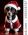 a dog wearing a santa suit and a hat on a rug with a christmas ornament on it 109328787