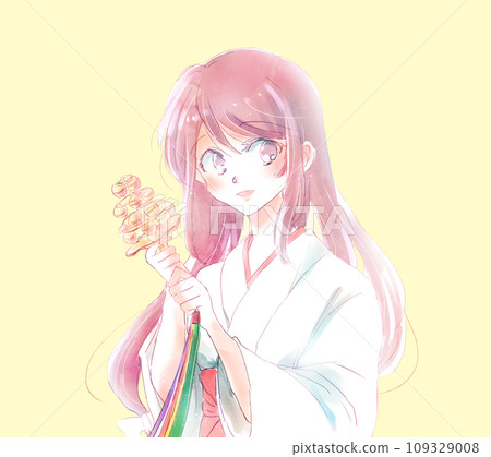 Shrine maiden with a Kagura bell, smiling 109329008