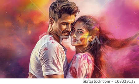 A young couple - a guy and a girl with joyful faces at the celebration of the Holi festival.  109329132
