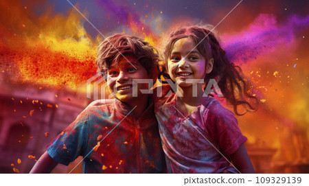 A boy and a girl with joyful faces at the celebration of the Holi festival. A boy and a girl with joyful faces at the celebration of the Holi festival. 109329139
