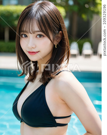 “AI generated image” of a woman with long hair smiling at the sea 109329196