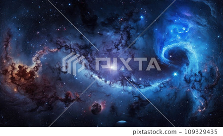 Distant bluish galaxy in space. Stars, nebulas and dark matter. Generative AI 109329435