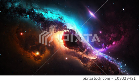 Distant neon galaxy in space. Stars, nebulas and dark matter. Generative AI 109329451