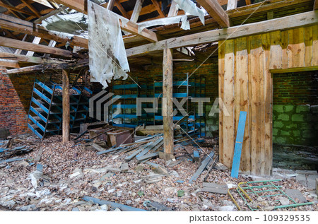 Devastation in premises of former mechanized yard of state farm in resettled village of Pogonnoye in Chernobyl exclusion zone, Belarus 109329535