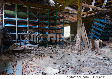 Devastation in premises of former mechanized yard of state farm in resettled village of Pogonnoye in Chernobyl exclusion zone, Belarus Devastation in premises of former mechanized yard of state farm in resettled village of Pogonnoye in Chernobyl exclusion zone, Belarus 109329536