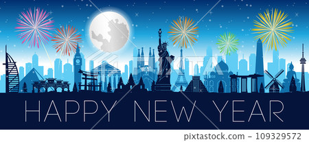 famous landmarks of the world in situation with happy new year night famous landmarks of the world in situation with happy new year night 109329572