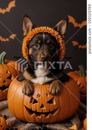 A puppy in an orange hat sits in a pumpkin, around Jack-o'-lanterns A puppy in an orange hat sits in a pumpkin, around Jack-o'-lanterns 109329769
