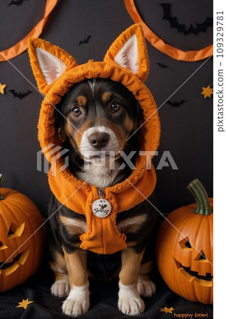 A puppy in an orange hat sits in a pumpkin, around Jack-o'-lanterns A puppy in an orange hat sits in a pumpkin, around Jack-o'-lanterns 109329781