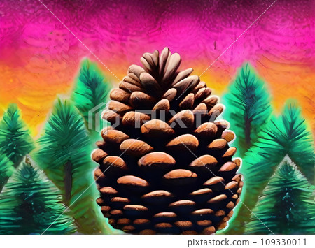 fir cone background knolling drawing neon colors. 109330011
