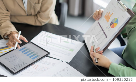 Alternative energy environment businesswoman explains budget of solar cell panel project to partner 109330255