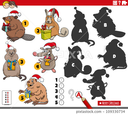 matching shadows game with cartoon animals on Christmas 109330734