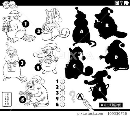 shadows game with cartoon animals on Christmas coloring page 109330736