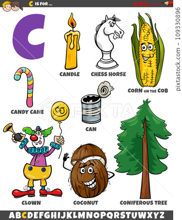 Letter C set with cartoon objects and characters 109330896