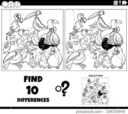 differences game with cartoon birds characters coloring page 109330949