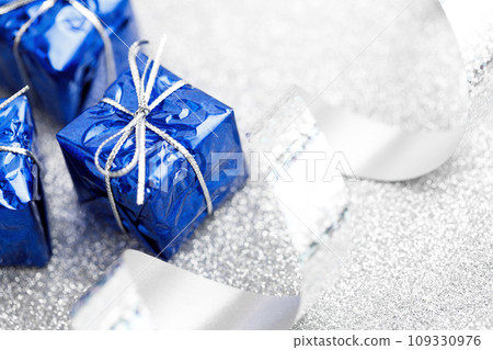 Three blue gift boxes for Christmas decoration 109330976