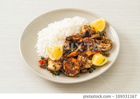 jerk shrimps or grilled shrimps in Jamaica style with rice jerk shrimps or grilled shrimps in Jamaica style with rice 109331167