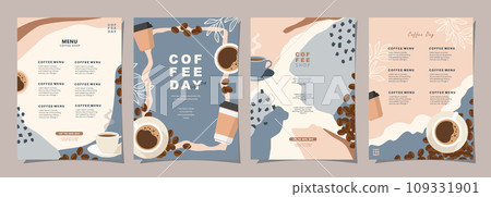Set of sketch banners with coffee beans and leaves on colorful background for poster, cover, menu or another template design. vector illustration. 109331901