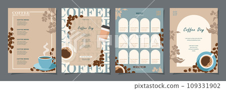 Set of sketch banners with coffee beans and leaves on colorful background for poster, cover, menu or another template design. vector illustration. 109331902