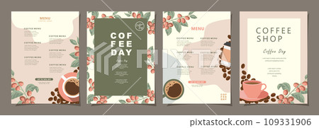 Set of sketch banners with coffee beans and leaves on colorful background for poster, cover, menu or another template design. vector illustration. 109331906