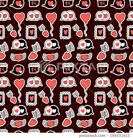 Seamless romantic valentine pattern. Love symbols, decor, hearts, gifts and arrows on black background. Vector illustration. Festive design for Valentine Day. Seamless romantic valentine pattern. Love symbols, decor, hearts, gifts and arrows on black background. Vector illustration. Festive design for Valentine Day. 109331925