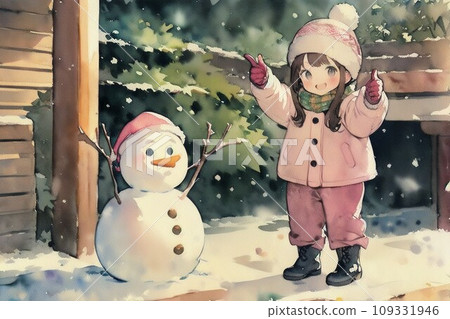 女孩對雪人豎起大拇指 109331946