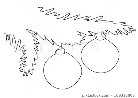 Vector one line illustration of a fir tree branch with decorative ball. Christmas theme design isolated on white. Template for Greeting card, Festive invitation, Holiday decoration, Placard.	 109332002