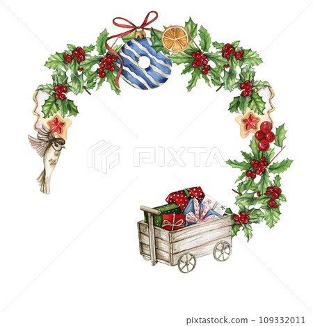 Christmas wreath with plants, watercolor illustration for cards, backgrounds, scrapbooking. Hand drawn background with New year plants and berries for your design. Perfect for wedding invitation. 109332011