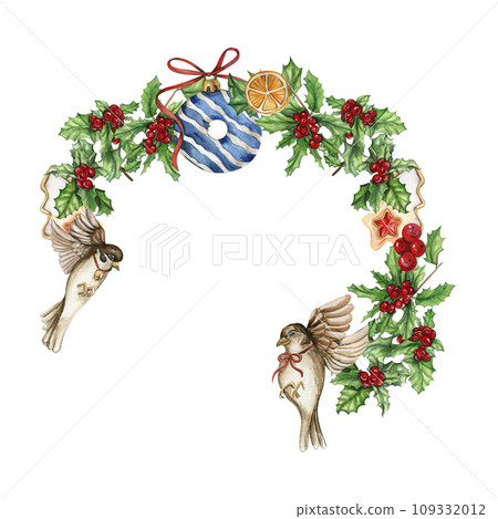 Christmas wreath with plants, watercolor illustration for cards, backgrounds, scrapbooking. Hand drawn background with New year plants and berries for your design. Perfect for wedding invitation. Christmas wreath with plants, watercolor illustration for cards, backgrounds, scrapbooking. Hand drawn background with New year plants and berries for your design. Perfect for wedding invitation. 109332012