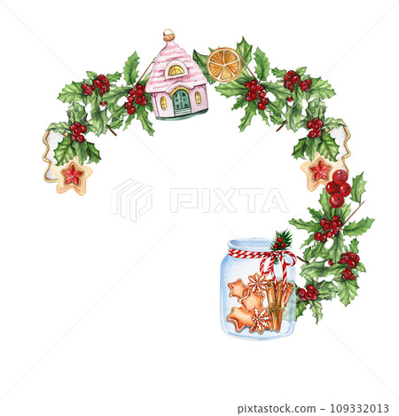 Christmas wreath with plants, watercolor illustration for cards, backgrounds, scrapbooking. Hand drawn background with New year plants and berries for your design. Perfect for wedding invitation. Christmas wreath with plants, watercolor illustration for cards, backgrounds, scrapbooking. Hand drawn background with New year plants and berries for your design. Perfect for wedding invitation. 109332013