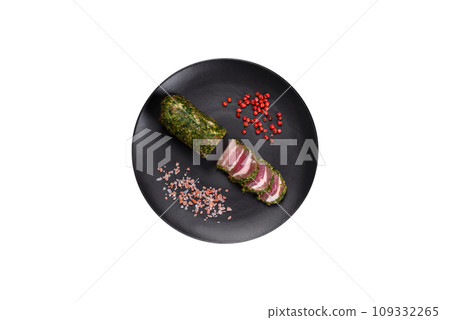 Delicious fresh bacon stripes with spices and salt Delicious fresh bacon stripes with spices and salt 109332265