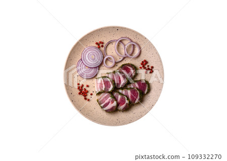 Delicious fresh bacon stripes with spices and salt Delicious fresh bacon stripes with spices and salt 109332270