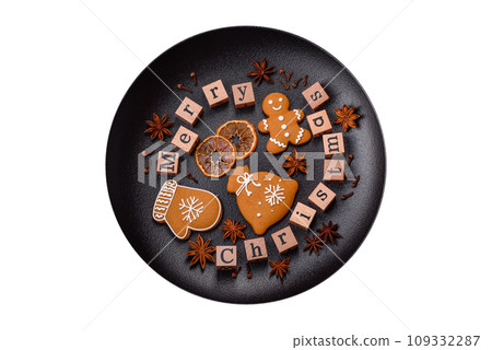Beautiful Christmas composition with copy space with an inscription in wooden cubes Beautiful Christmas composition with copy space with an inscription in wooden cubes 109332287