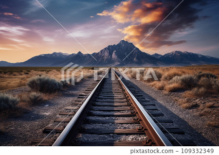 Railroad to horizon in sunset, snow mountains on background 109332349